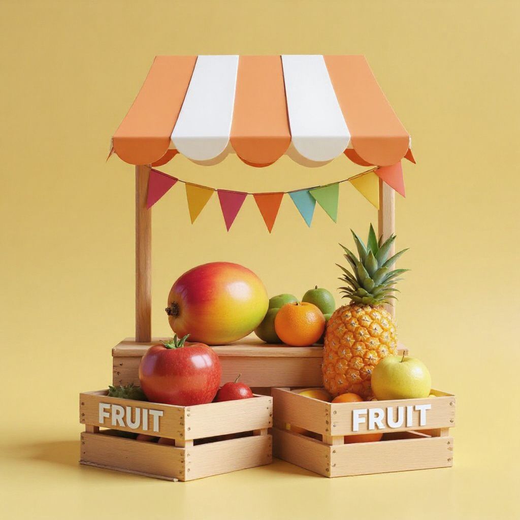 Colorful fruit stand with wooden crates and a striped canopy, set against a bright yellow background with festive bunting