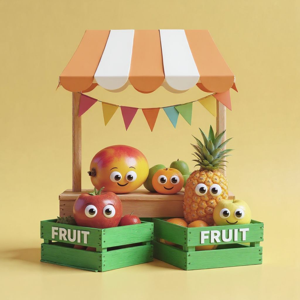 Colorful fruit stand with wooden crates and a striped canopy, set against a bright yellow background with festive bunting