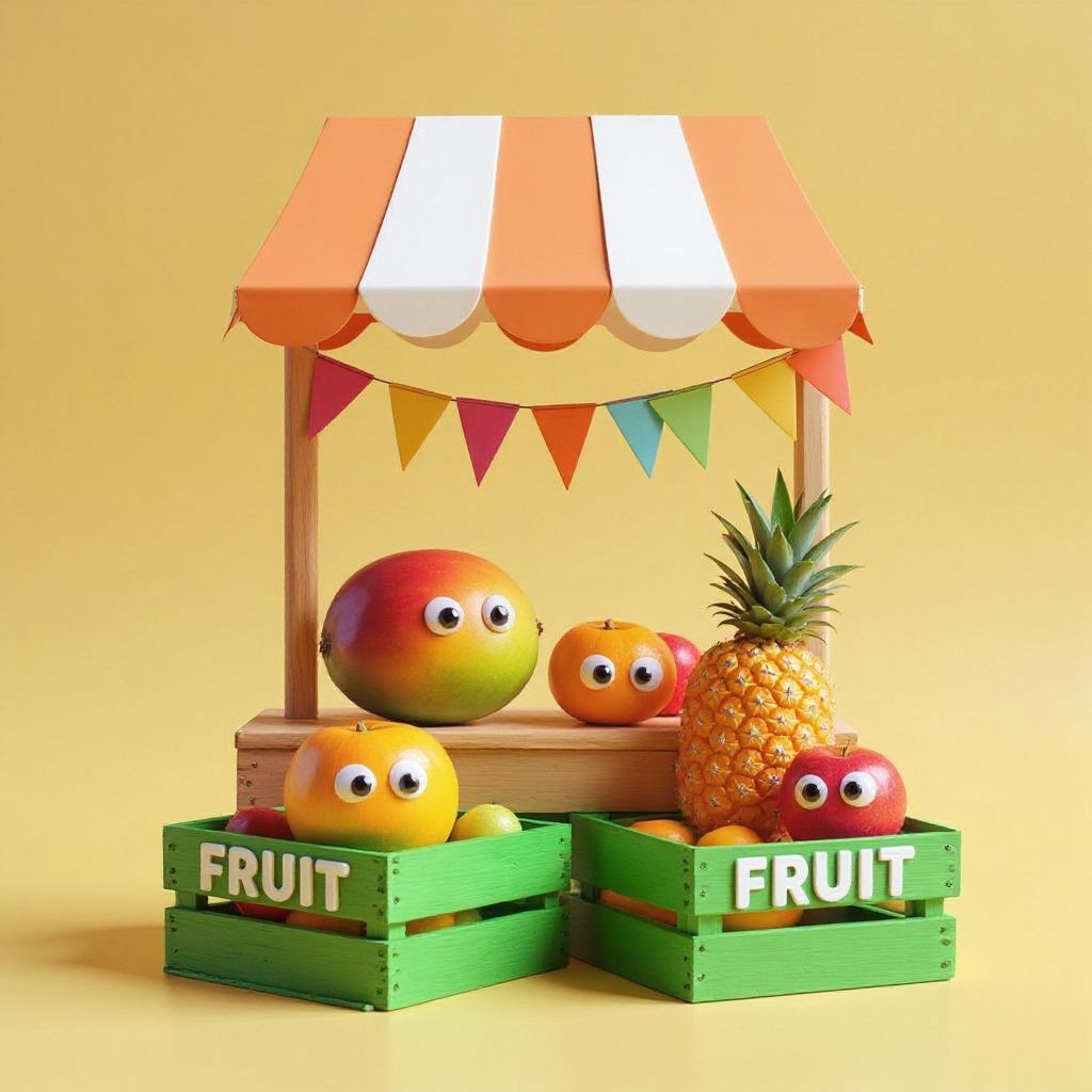 Colorful fruit stand with wooden crates and a striped canopy, set against a bright yellow background with festive bunting
