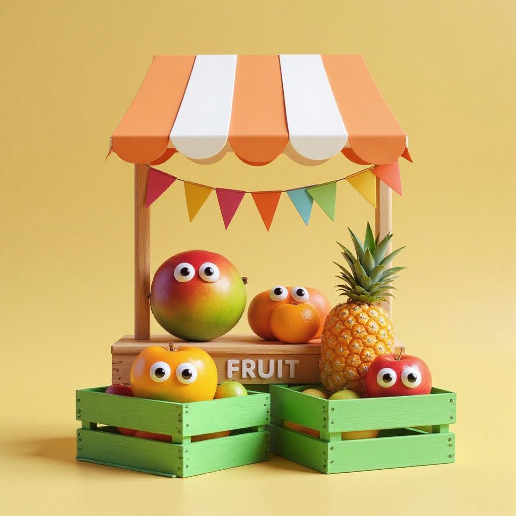 Colorful fruit stand with wooden crates and a striped canopy, set against a bright yellow background with festive bunting
