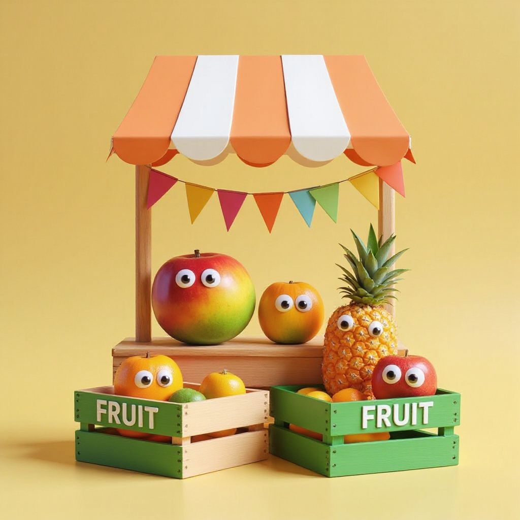 Colorful fruit stand with wooden crates and a striped canopy, set against a bright yellow background with festive bunting