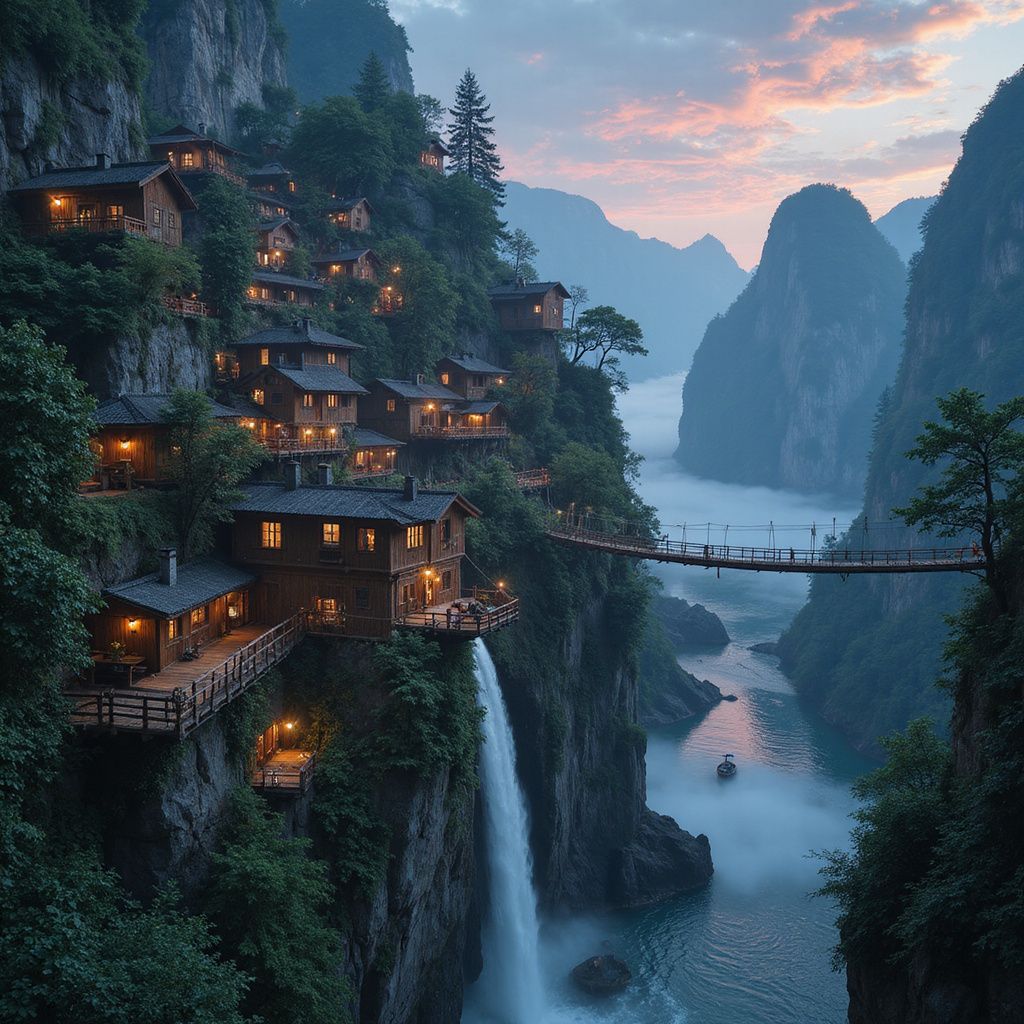 A network of wooden homes, bridges, and terraces clings to the edges of towering cliffs, connected by hanging rope bridges and glowing lanterns. Lush vines and waterfalls spill down the rock faces, and small boats navigate the misty river far below. The sky is painted in hues of twilight, making the village feel both precarious and enchanting