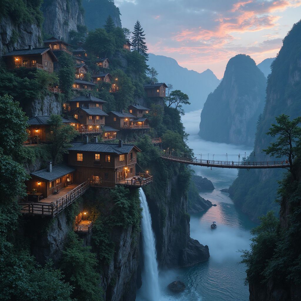 A network of wooden homes, bridges, and terraces c…g the village feel both precarious and enchanting