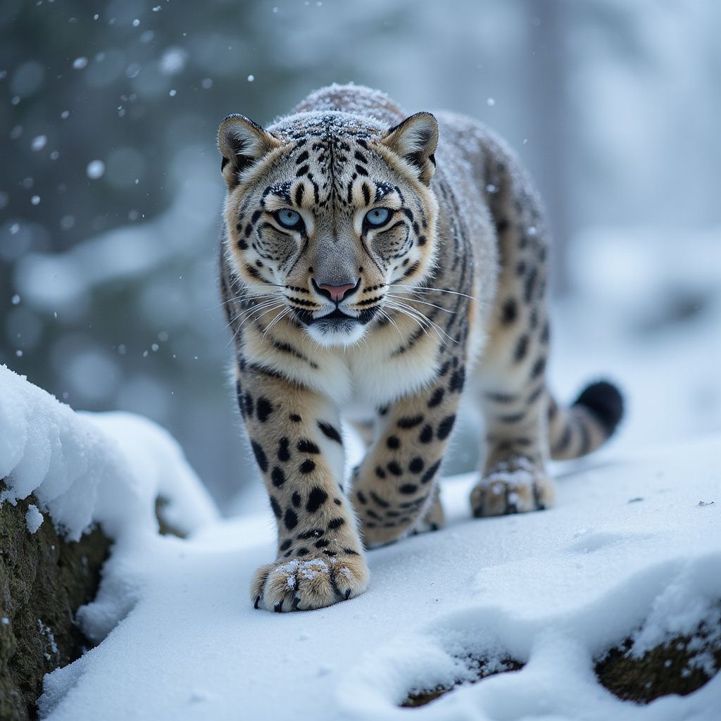 A majestic snow leopard prowls across an icy ridge…elegant, capturing the untamed beauty of the wild