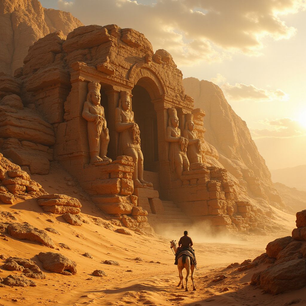 A breathtaking ancient temple half-buried in golden dunes, its intricate stone carvings eroded by time. The entrance is flanked by towering statues of forgotten deities, their faces worn smooth by the wind. A lone traveler on camelback approaches the ruins, while the heat of the sun distorts the air, creating shimmering mirages in the distance