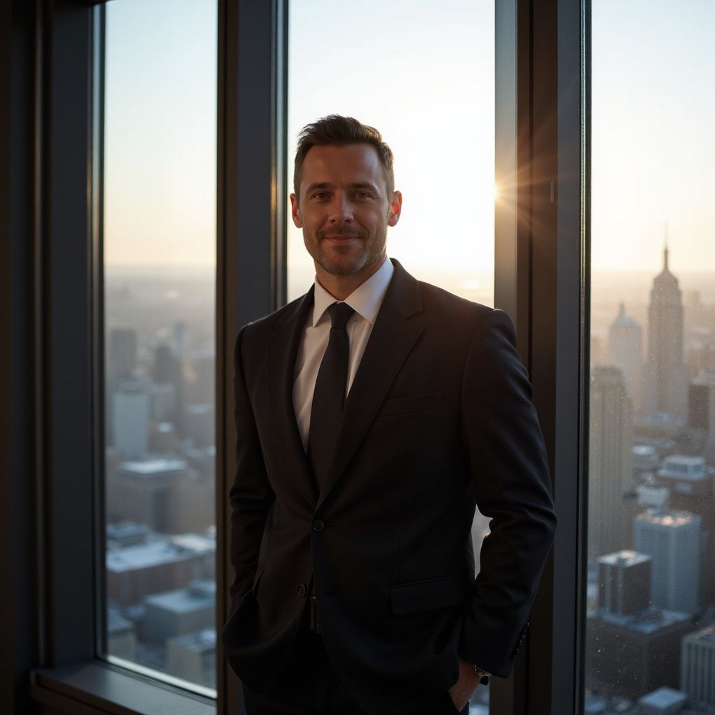 A confident business leader stands against a floor-to-ceiling window, the sprawling cityscape behind them glowing in the early morning light. They wear a sharp tailored suit, hands in pockets, eyes locked forward with determination. The lighting is dramatic, casting a soft glow over their face while keeping the background slightly blurred