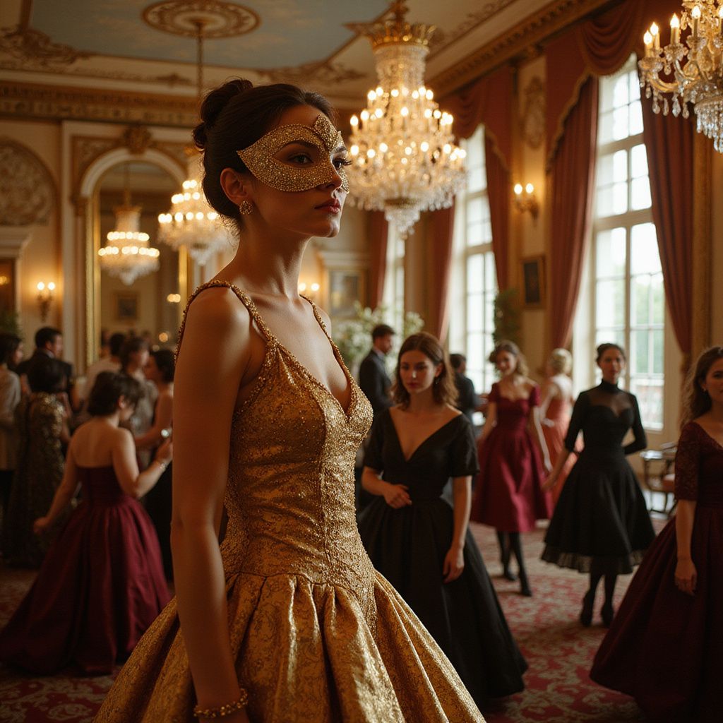 A woman in an opulent, gold-embroidered gown stands poised at the top of a grand staircase, chandeliers reflecting in her bejeweled mask. The ballroom below is filled with masked dancers in rich velvets and silks, their laughter echoing against the frescoed ceiling. The air shimmers with the glow of candlelight, evoking a sense of luxury and intrigue