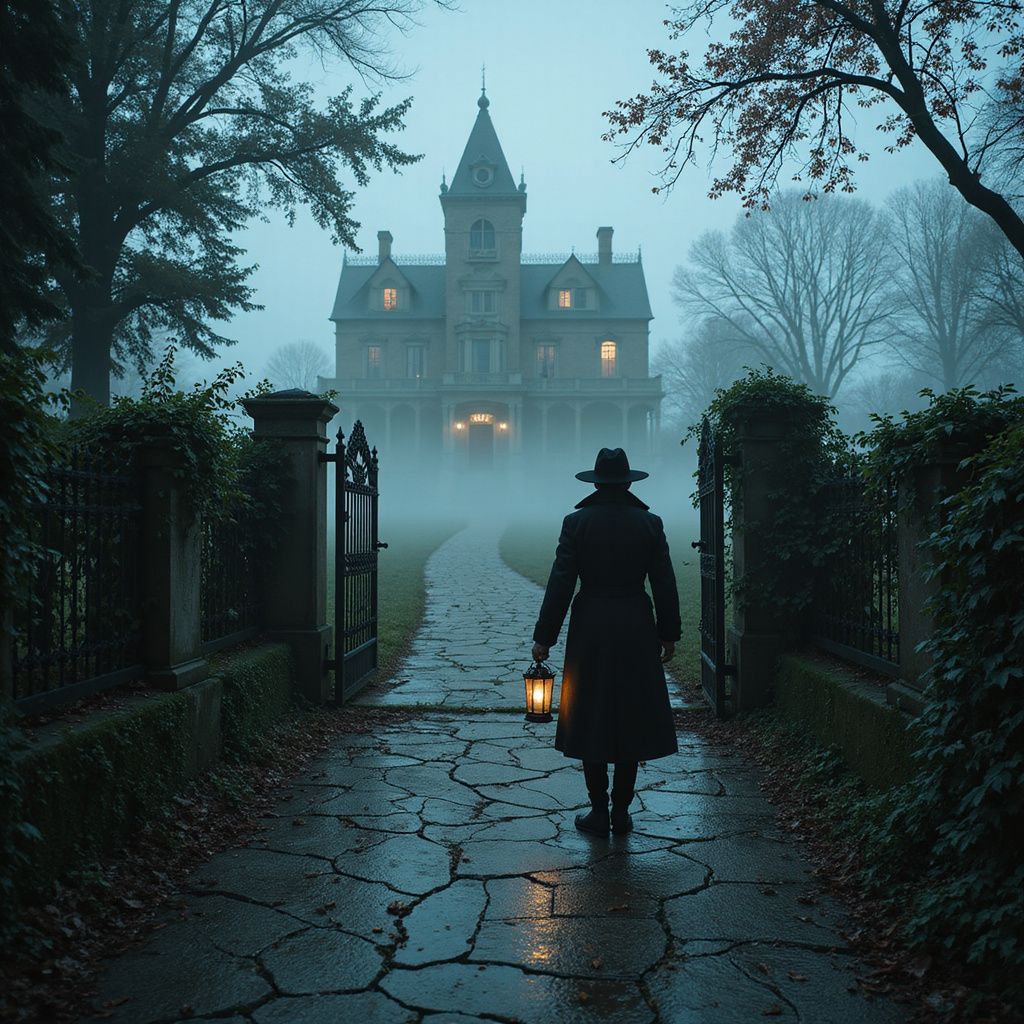 A grand Victorian mansion looms in the background,…-world serif font, enhancing the eerie atmosphere