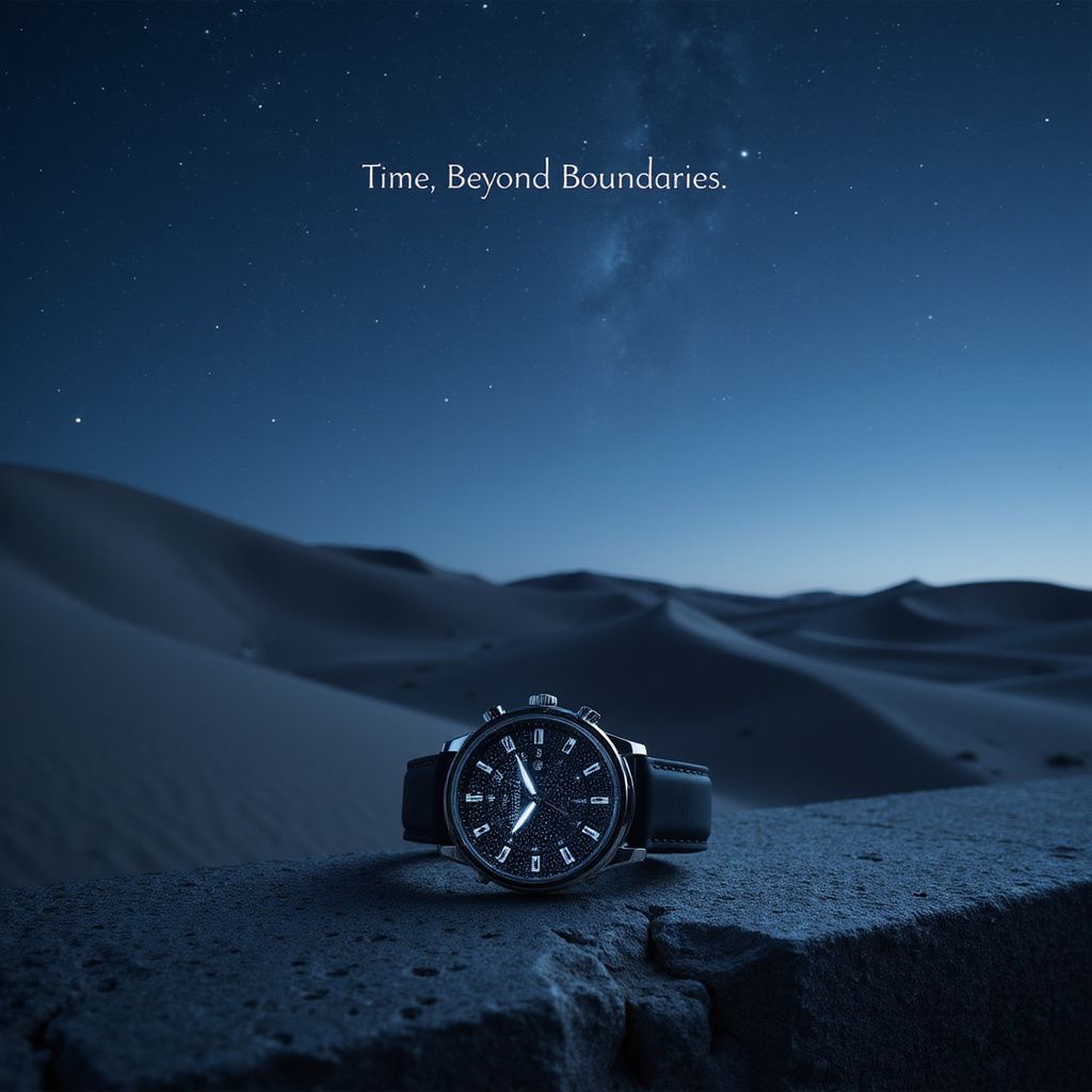 A sleek, high-end watch rests on a stone ledge und…Time, Beyond Boundaries,' appears elegantly above