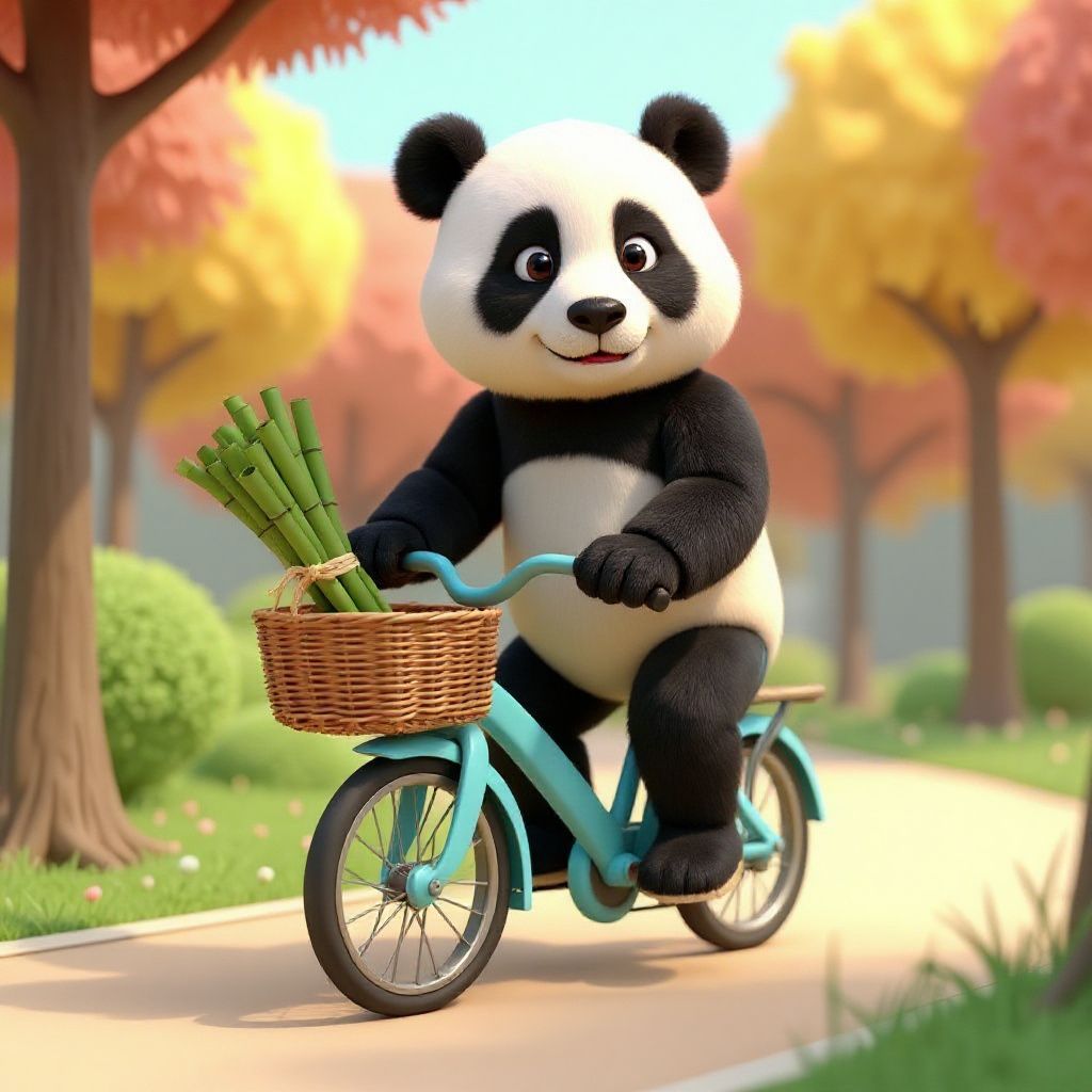 Cute panda on a blue bicycle holding bamboo in a front basket, riding along a scenic path with vibrant trees in the background