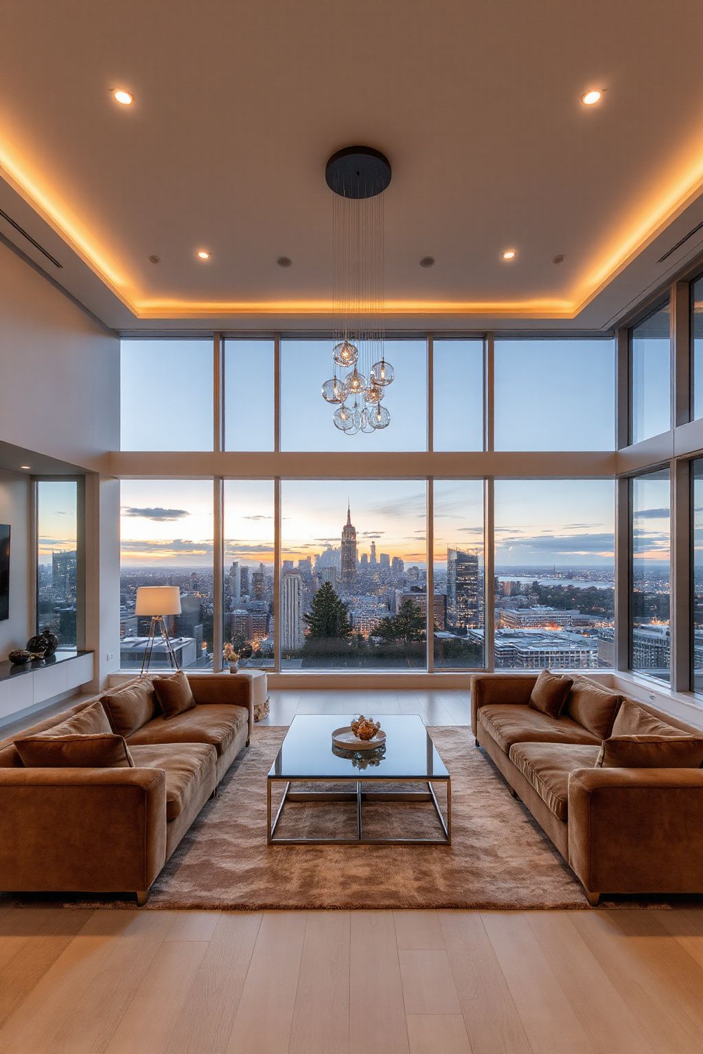 A luxurious modern living room with a neutral color palette, plush velvet sofas, and a glass coffee table, illuminated by warm recessed lighting and a sculptural chandelier, with a panoramic floor-to-ceiling window revealing a breathtaking city skyline at dusk