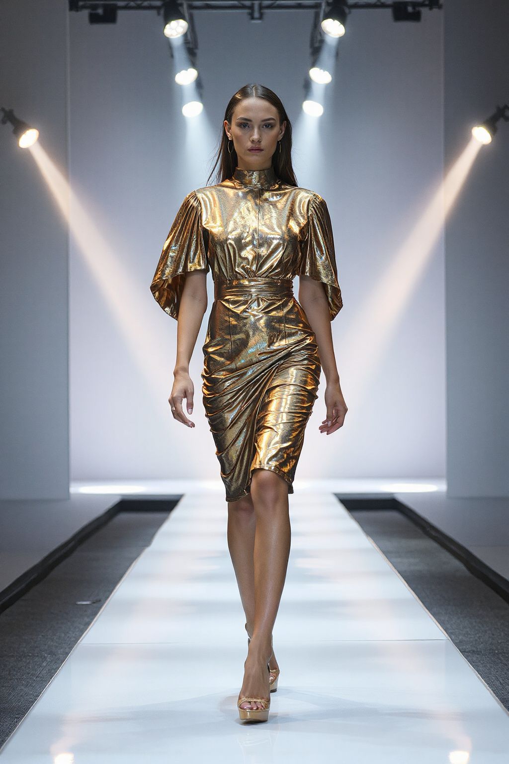 A high-fashion runway model in a striking futuristic metallic dress with structured pleats and shimmering holographic textures, walking under dramatic spotlights on a sleek, reflective catwalk