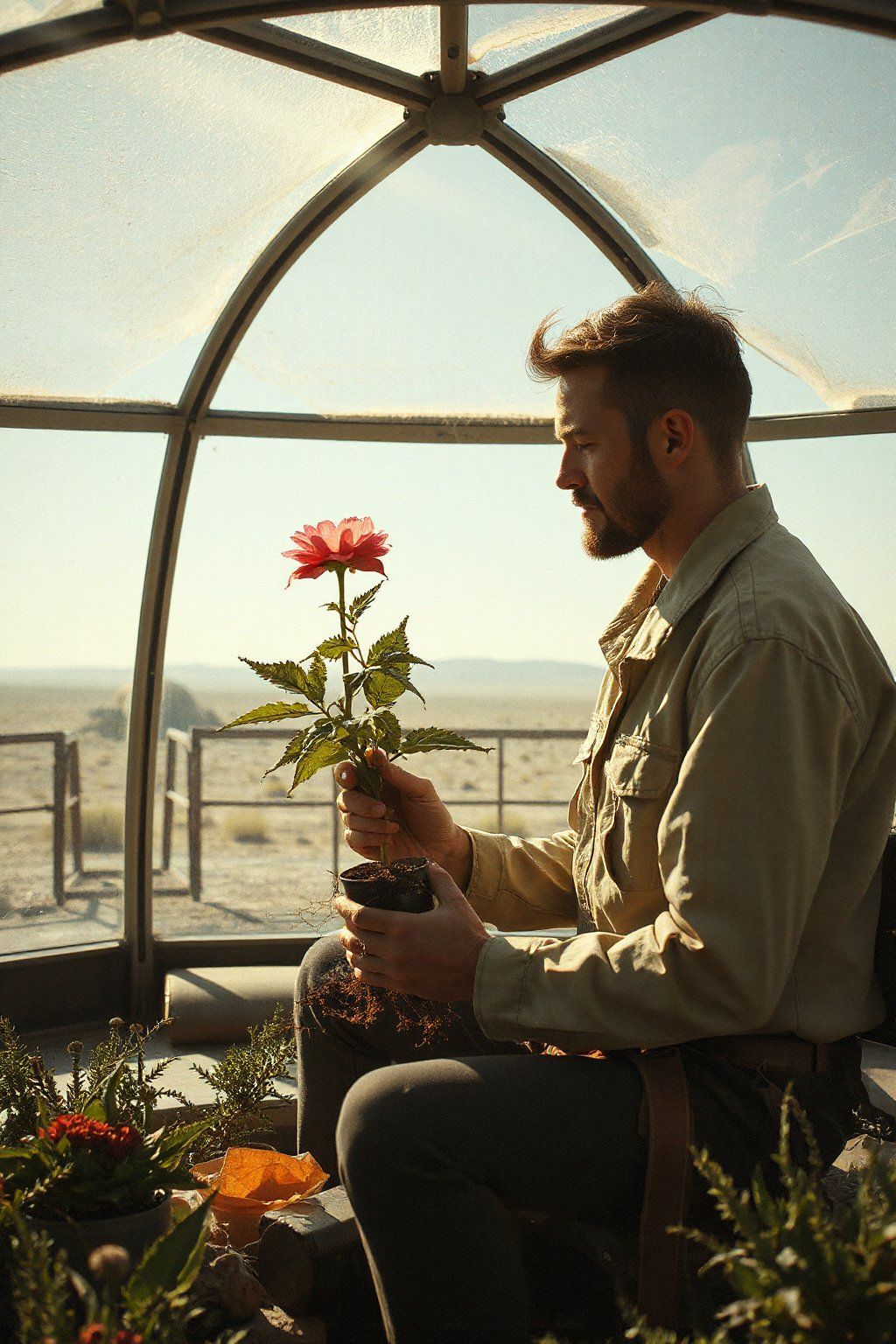 A post-apocalyptic botanist nurturing the last flowering plant on Earth inside a geodesic greenhouse dome, surrounded by adaptive technology and recycled materials, with the harsh wasteland visible through the glass panels, dust particles in sunbeams, intimate portrait style, detailed textures