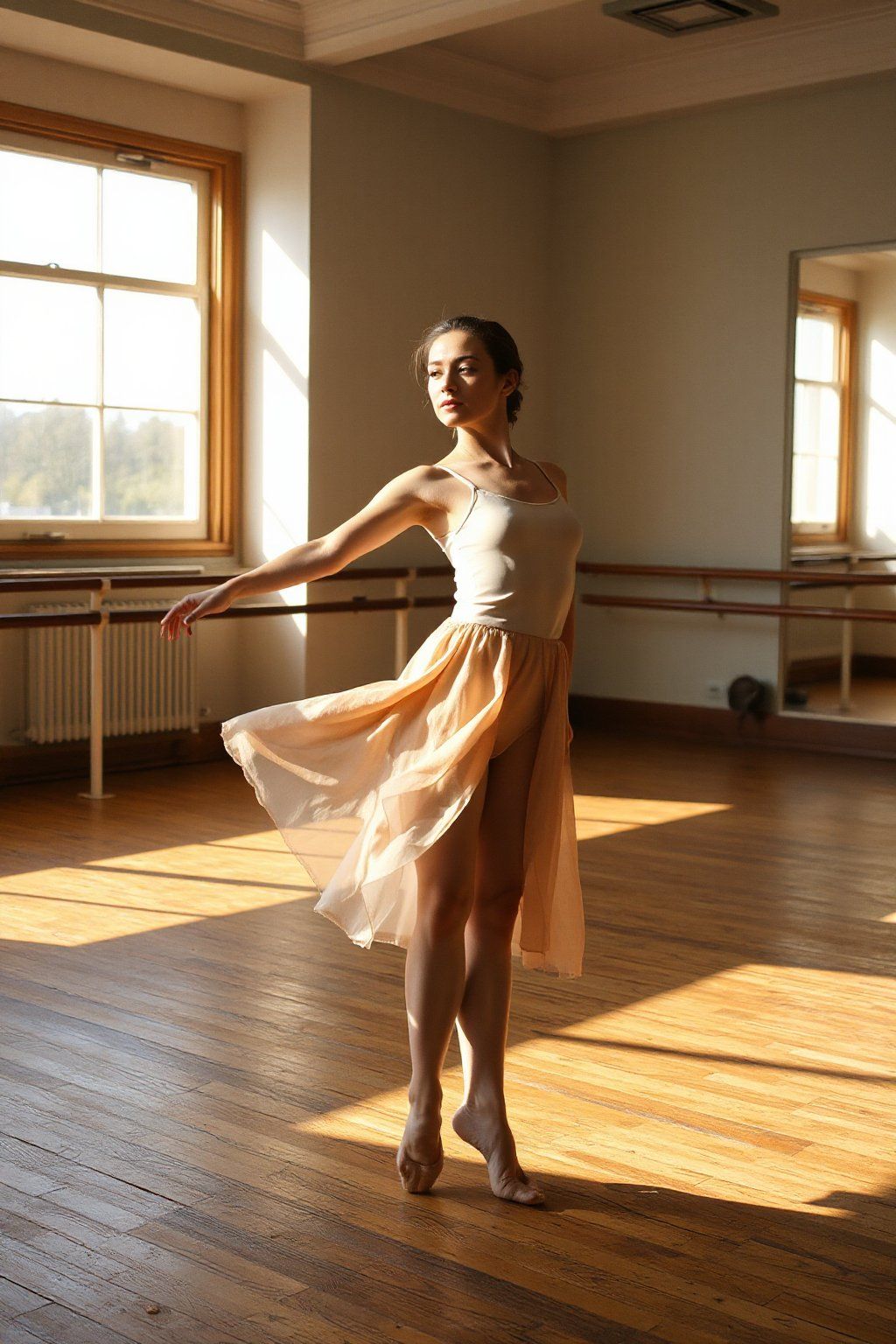 A dedicated ballet dancer practicing alone in a sunlit studio with wooden floors and mirrored walls, dust particles visible in shafts of afternoon light, beads of sweat glistening on skin, fabric of clothing capturing movement with photorealistic texture, expression of intense focus and grace, natural color palette, perfect composition