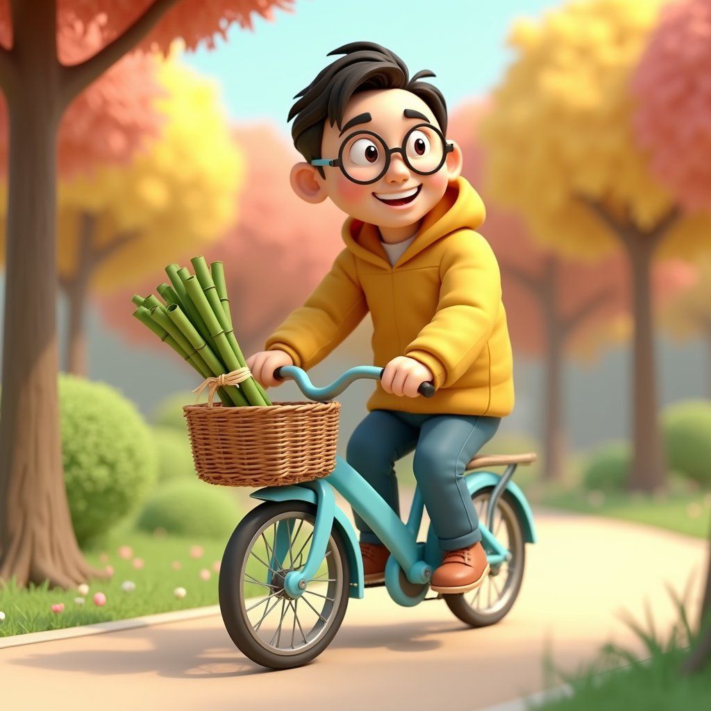 Cartoon boy riding a blue bicycle with a basket of bamboo in a colorful autumn park, wearing glasses and a yellow hoodie