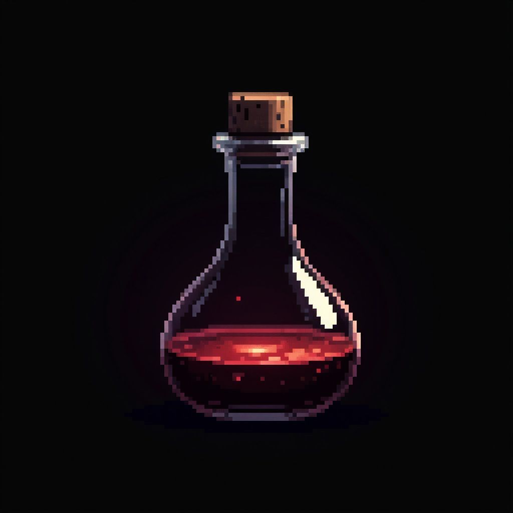 pixel art game asset, healing potion, glowing liquid, glass bottle, magical effect, clean lines, vibrant colors, game-ready, professional pixel art style, black background