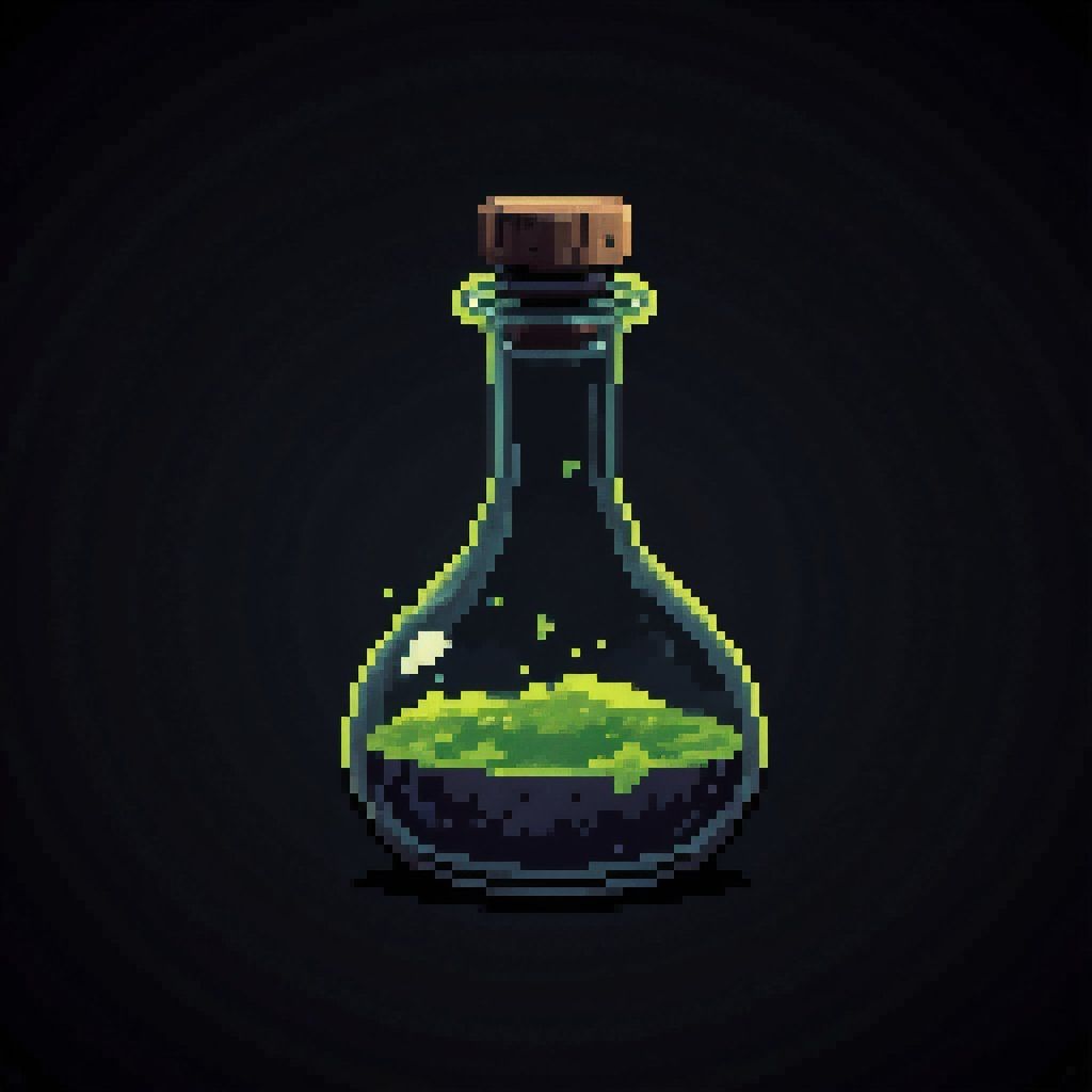 pixel art game asset, poison potion, bubbling green liquid, cracked glass bottle, toxic effect, clean lines, vibrant colors, game-ready, professional pixel art style, black background