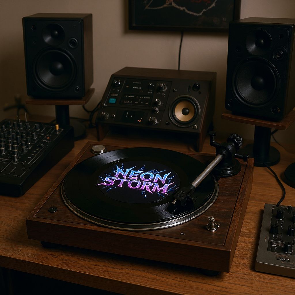 Vintage turntable setup playing a vinyl with the 'Neon Storm' label, surrounded by studio equipment