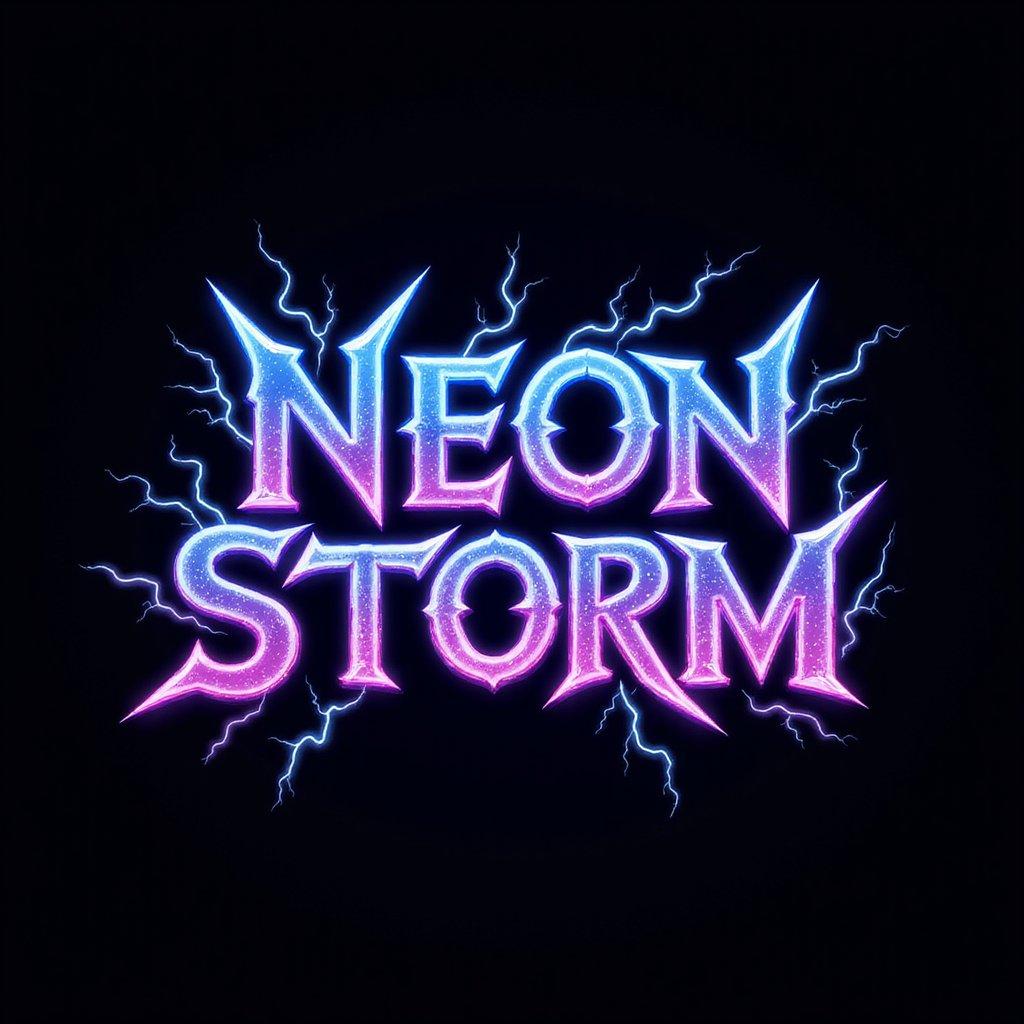'Neon Storm' electric logo in glowing blue and pink text on a black background