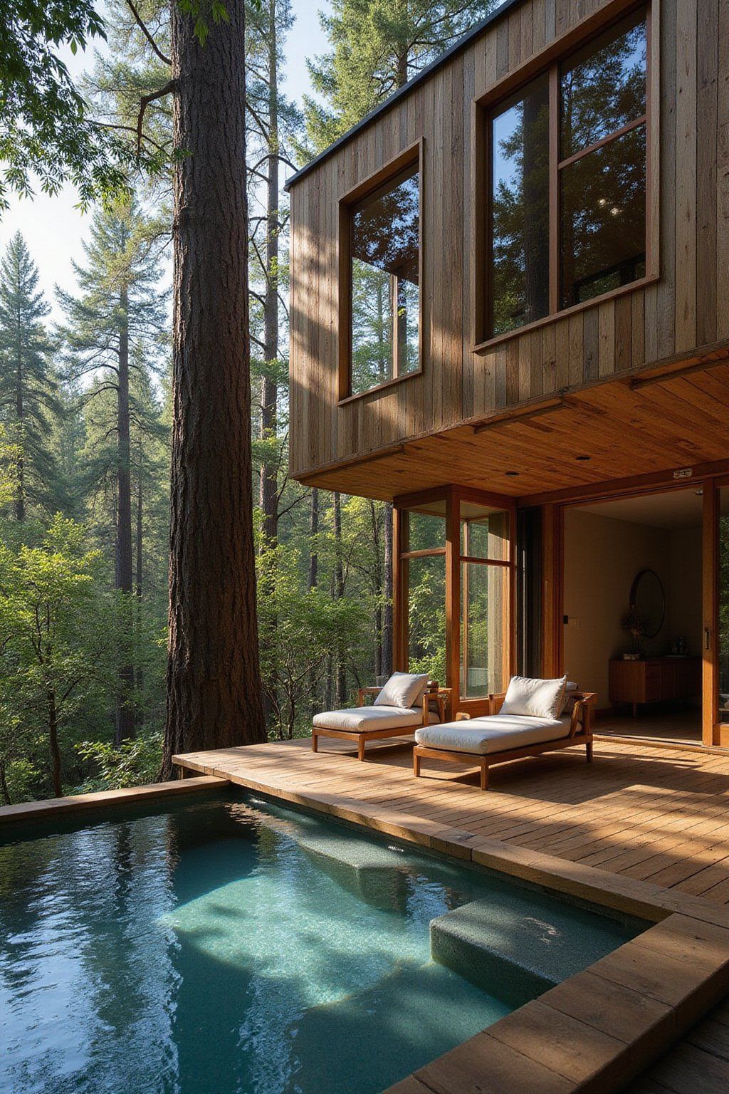 A luxury treehouse resort suite built around ancient redwoods, with floor-to-ceiling windows revealing a forest canopy view, morning light streaming through leaves creating dappled patterns on modern wood furnishings, infinity plunge pool on the private deck reflecting blue sky, photorealistic textures of wood and fabrics, architectural details highlighting harmony with nature