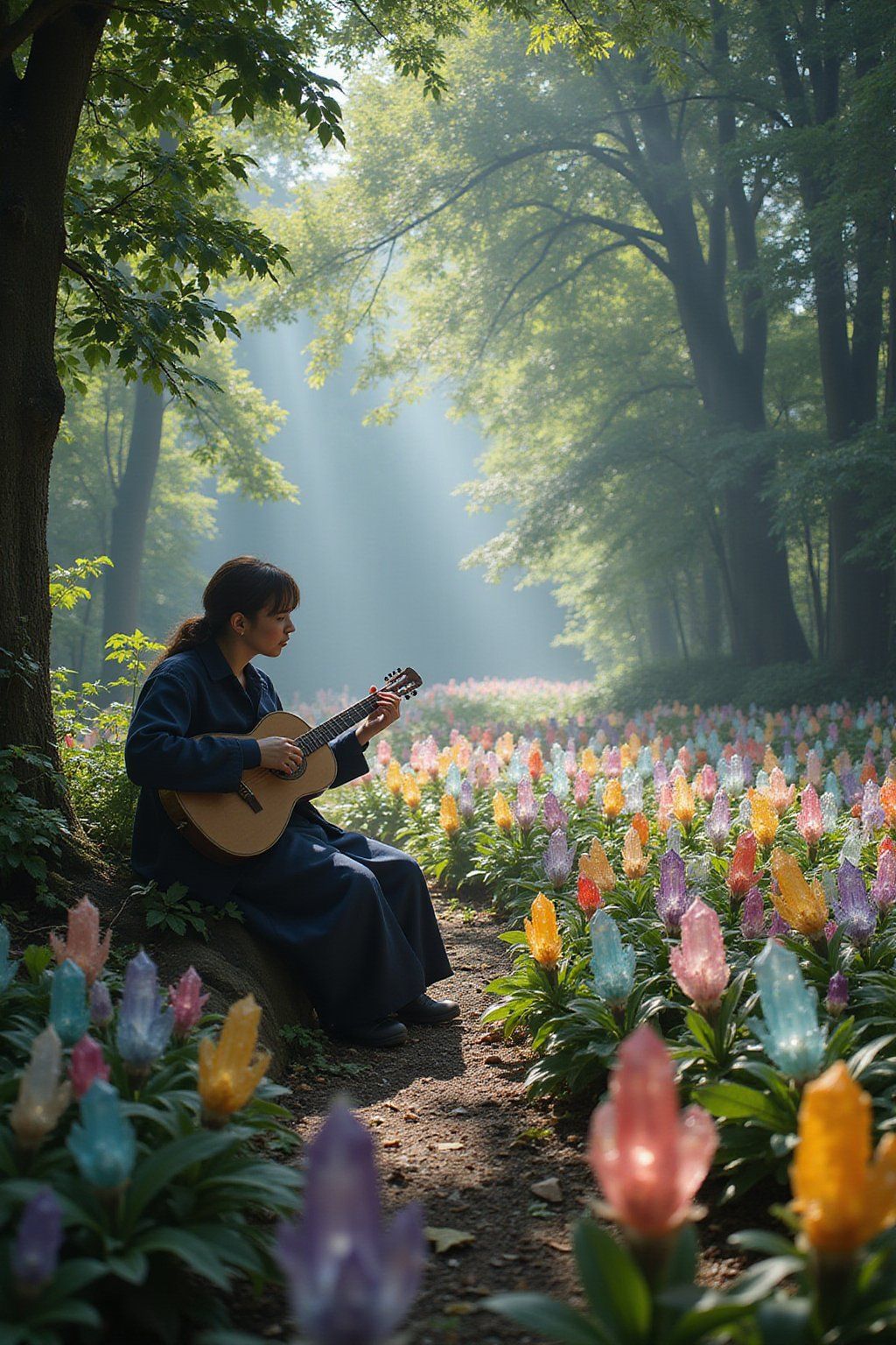 A garden of crystalline flowers that change color with sound waves, tended by a blind musician who plays an ethereal stringed instrument, with each note causing the crystals to resonate and transform, dappled light through canopy, macro photography details, dreamy atmosphere