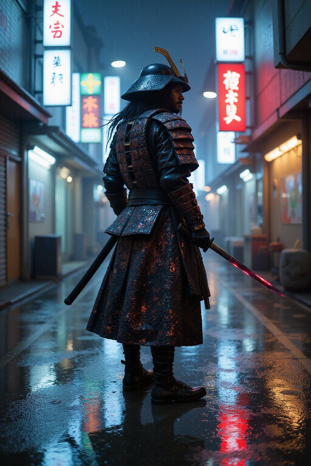 A futuristic samurai warrior with armor made of shifting nanobots that form protective geometric patterns, wielding a katana with an edge that glows with quantum energy, standing in a neon-lit cyberpunk Tokyo alley during a rainstorm, reflective puddles, cinematic composition, ray-traced lighting