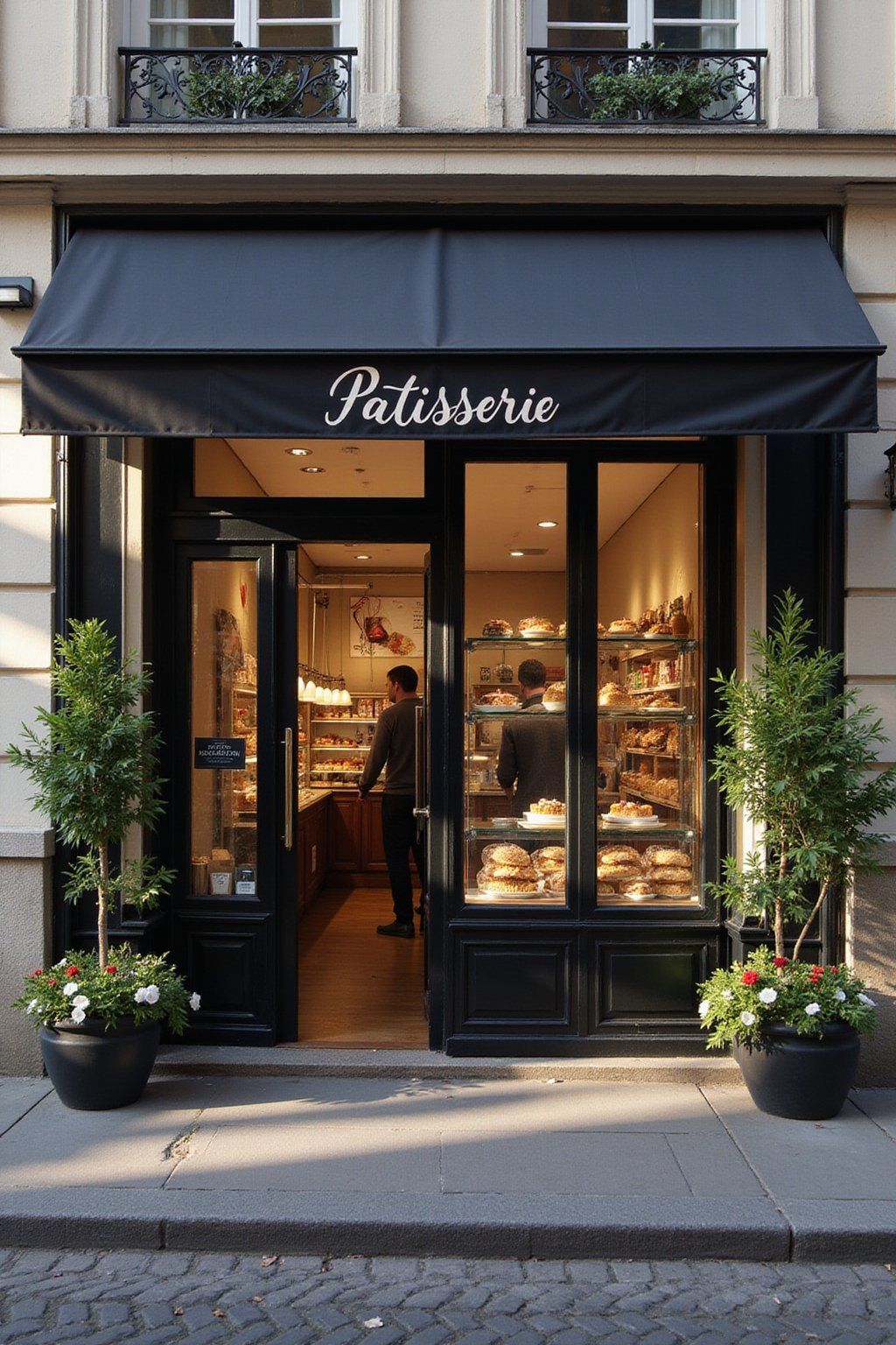 A high-end patisserie storefront in Paris at sunrise, with elaborate pastry displays visible through spotless windows, early morning light creating long shadows on the cobblestone street, fresh flowers being arranged in window boxes, first customers arriving with anticipation, detailed textures of pastries visible through glass, architectural details of historic building, photorealistic rendering