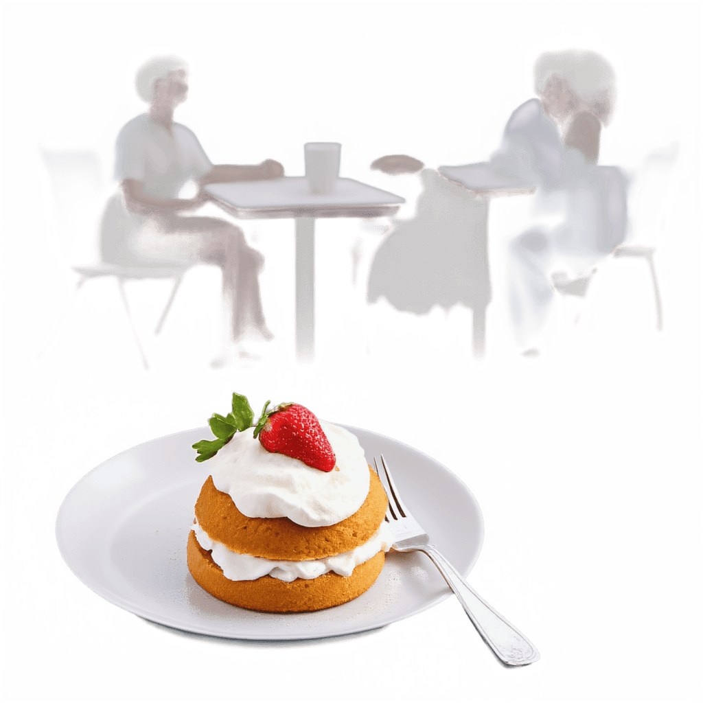 a slice of strawberry shortcake on a café table with a fork, napkin, coffee cup, and people in the background