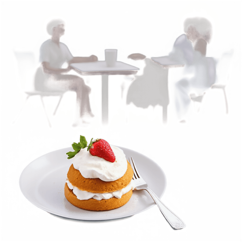 a slice of strawberry shortcake on a café table with a fork, napkin, coffee cup, and people in the background