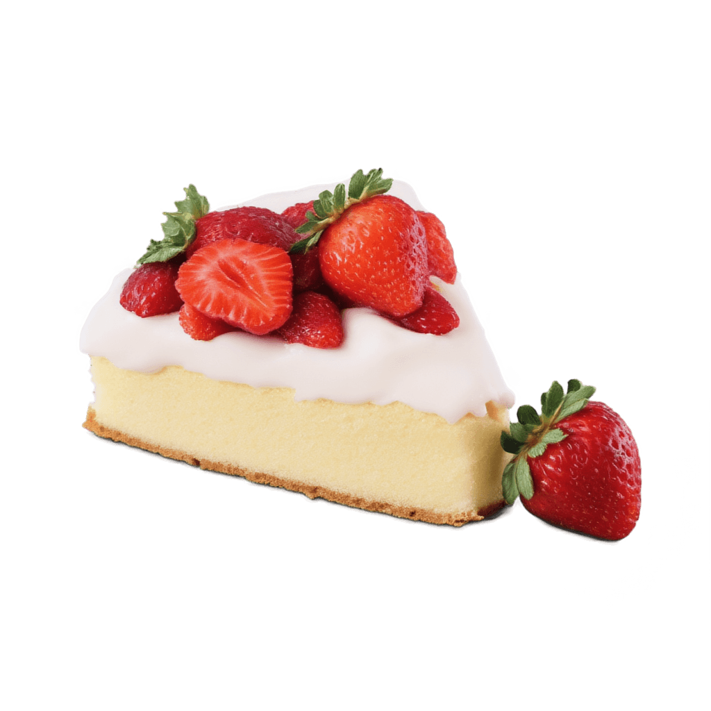 a slice of strawberry shortcake, product photography, isolated subject, studio lighting, soft shadows