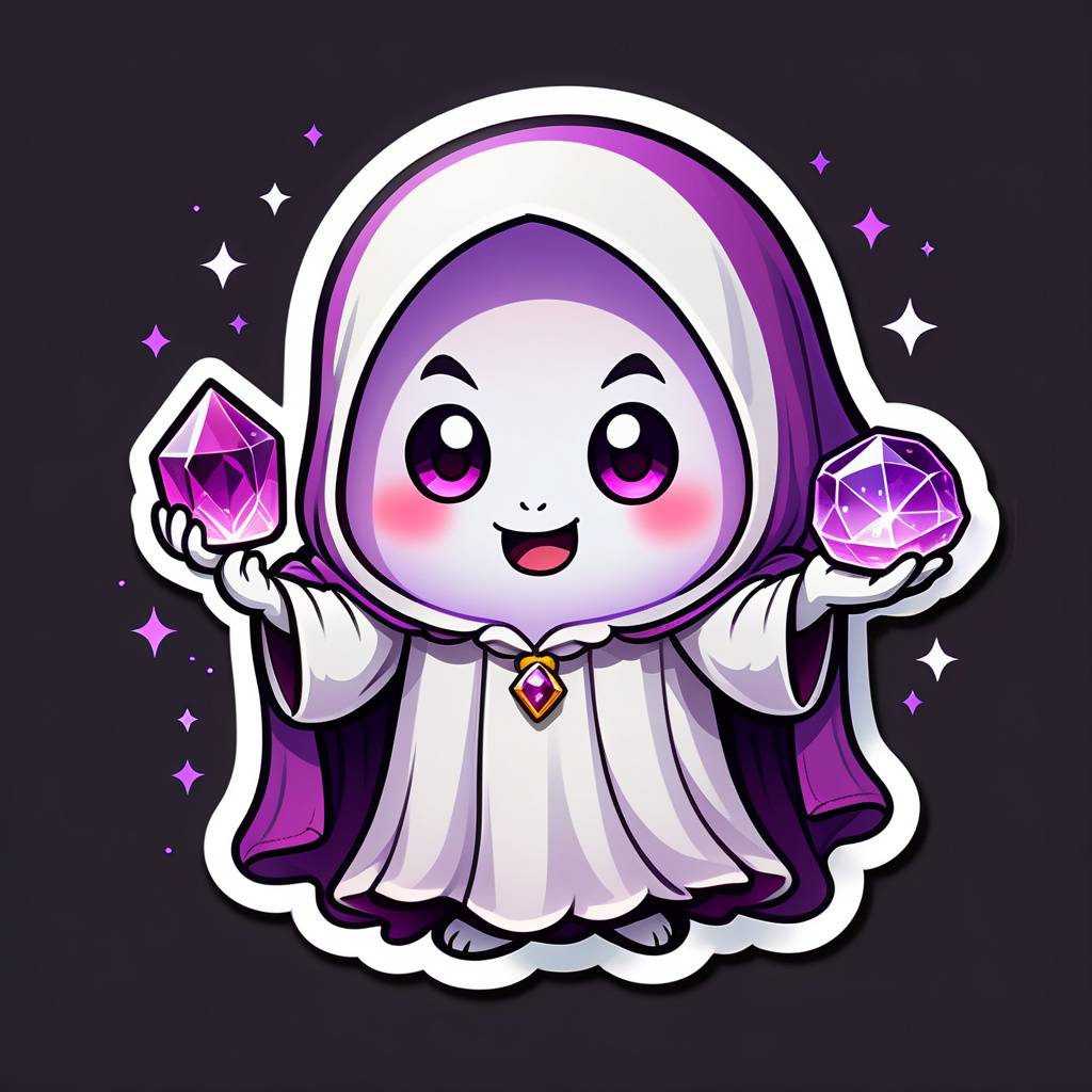 chibi ghost holding a glowing purple crystal