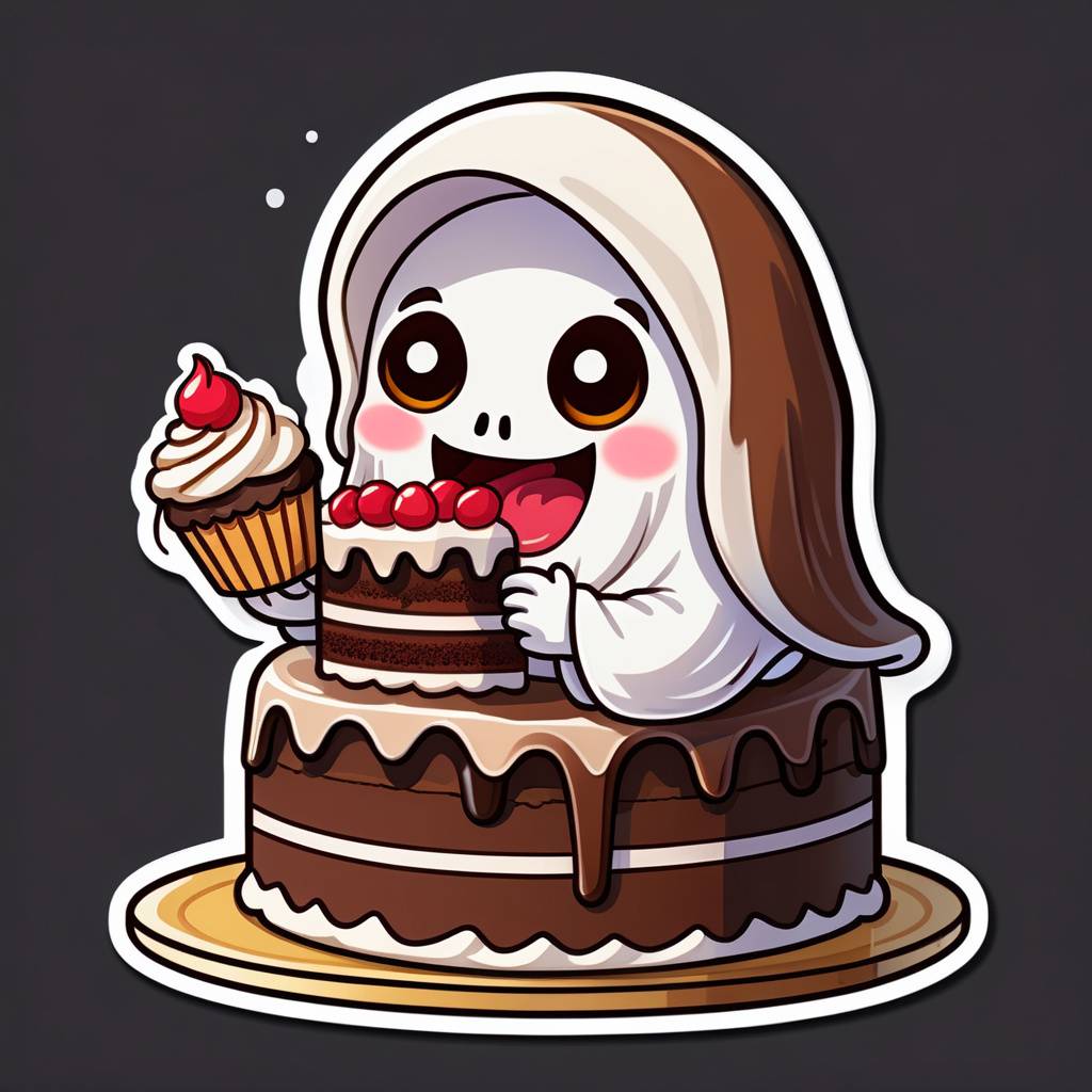 chibi ghost eating a chocolate cake