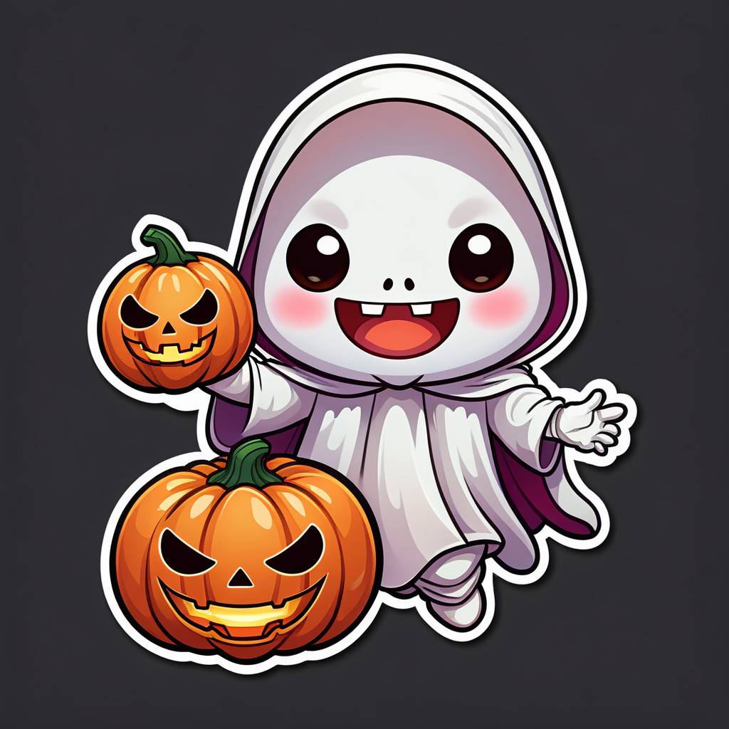 chibi ghost floating while holding a pumpkin lantern