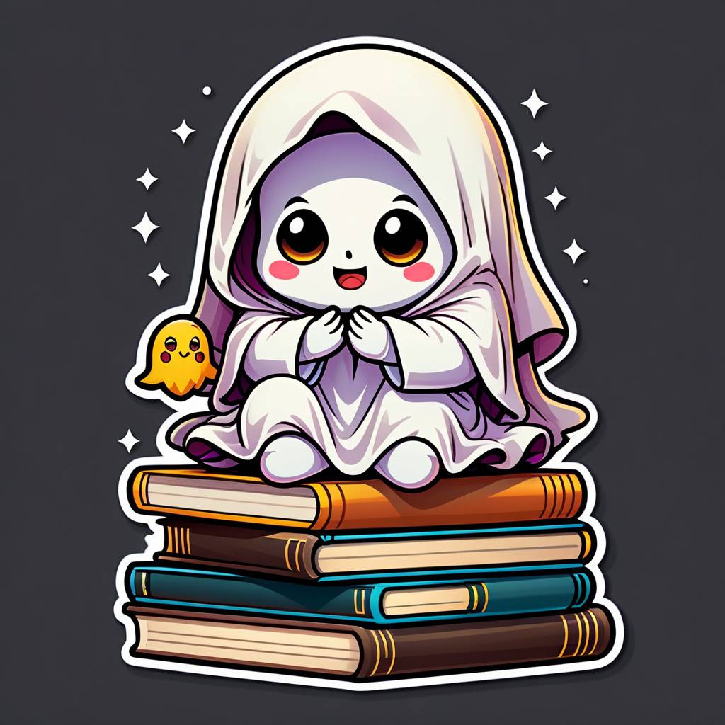 chibi ghost sitting on a stack of books, deep in thought