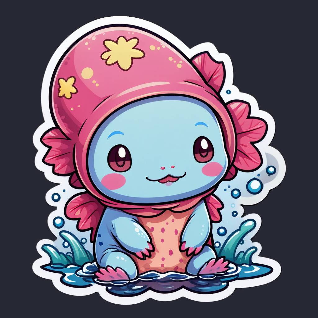 a sleepy axolotl wearing a nightcap, floating in water