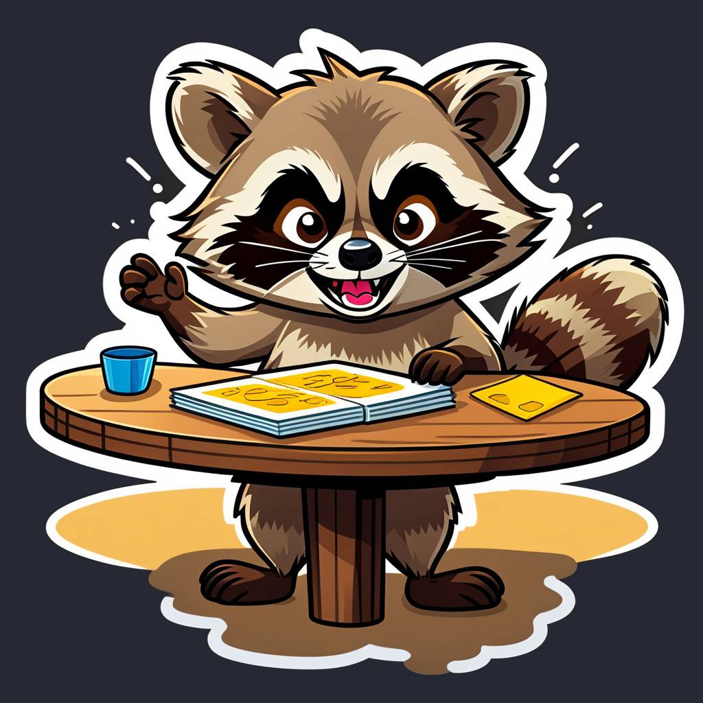 a raccoon flipping a table in frustration