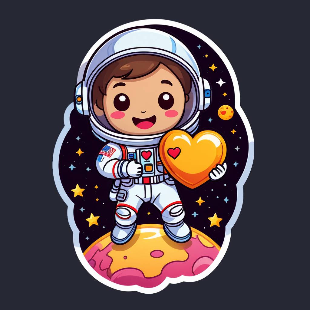 a tiny astronaut floating and holding a heart-shaped planet