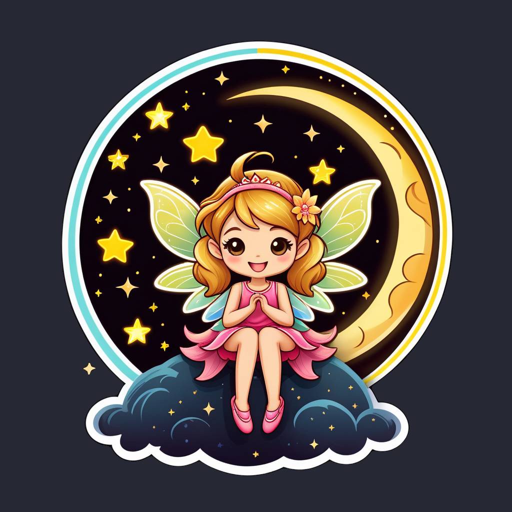 a glowing fairy sitting on a crescent moon, dangling her legs