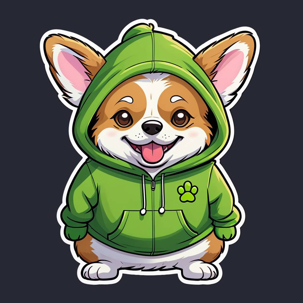 a fluffy corgi wearing a frog hoodie and looking mischievous