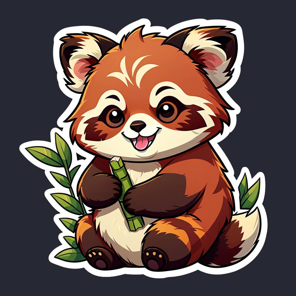 a chubby red panda hugging a tiny bamboo shoot