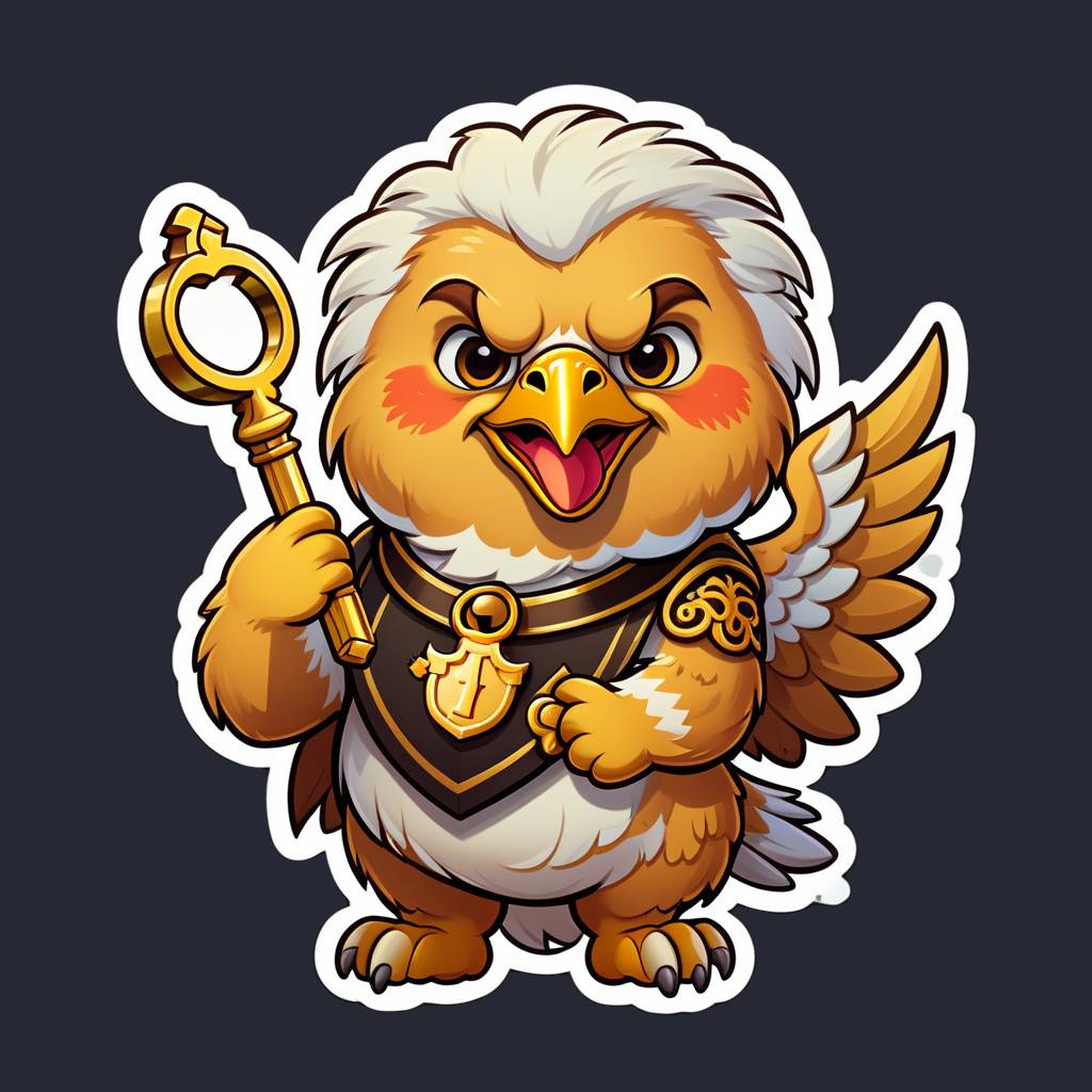 a chubby griffin holding a golden key in its beak