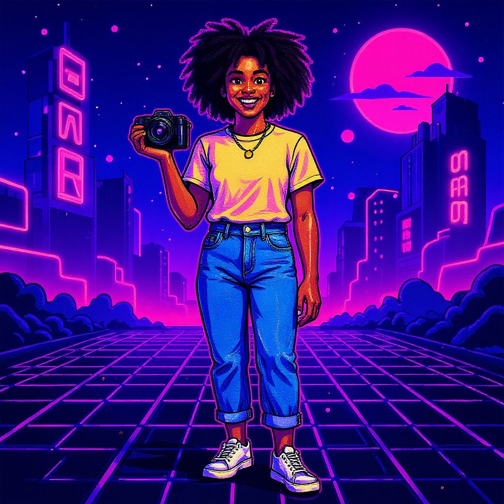 Young woman with natural curly hair, wearing a pale yellow t-shirt and high-waisted jeans, holding a camera and smiling in vaporwave aesthetic style