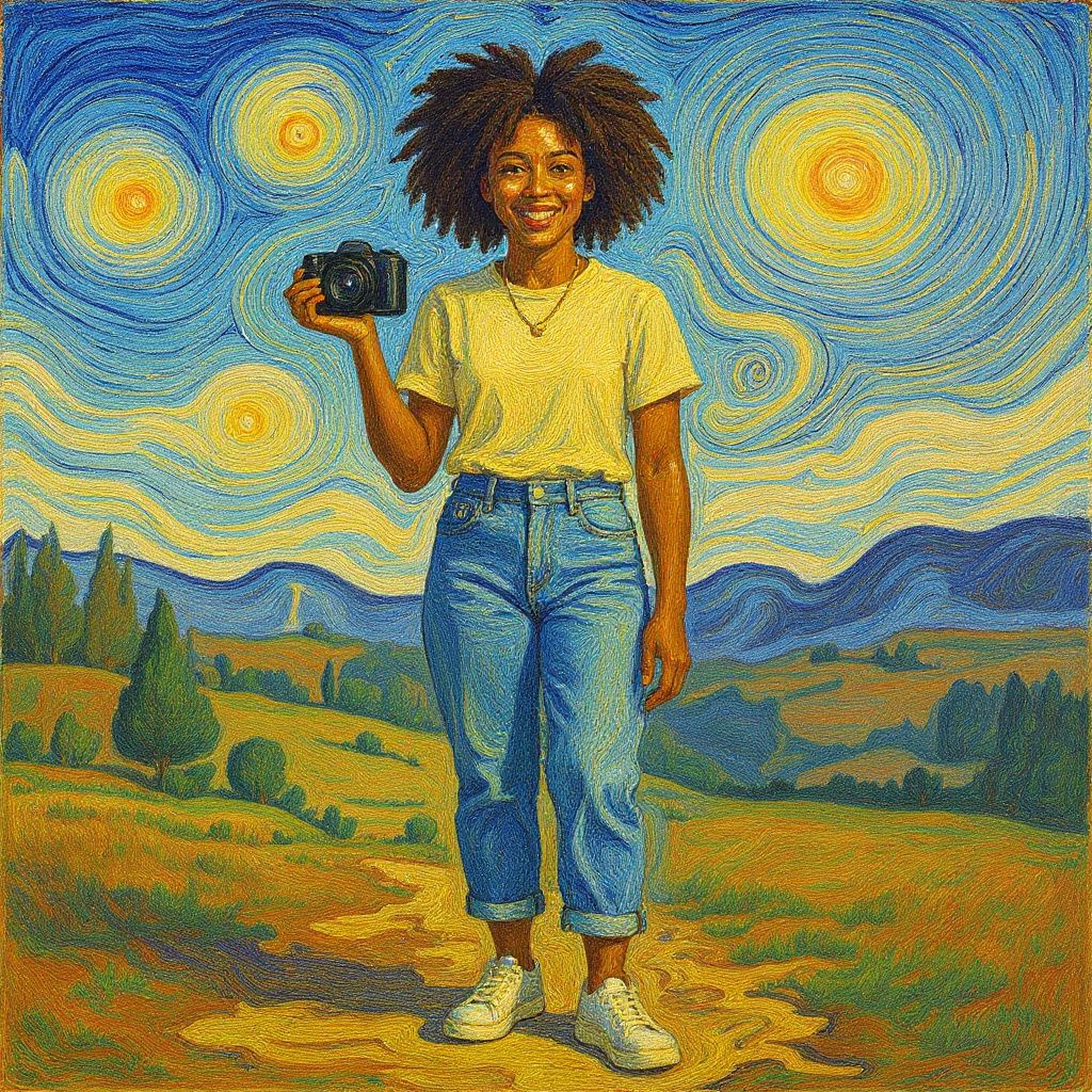 Young woman with natural curly hair, wearing a pale yellow t-shirt and high-waisted jeans, holding a camera and smiling in Van Gogh painting style