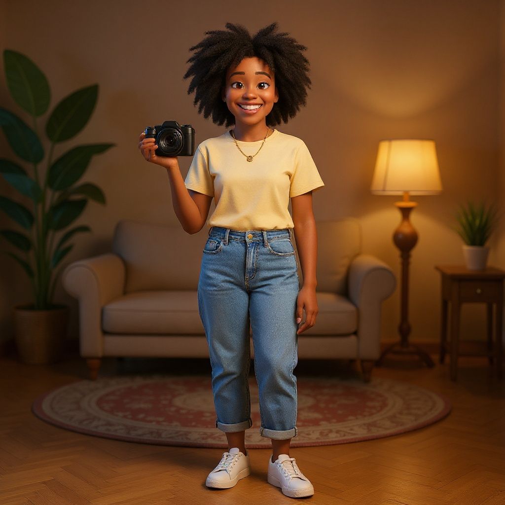Young woman with natural curly hair, wearing a pale yellow t-shirt and high-waisted jeans, holding a camera and smiling in Pixar 3D style