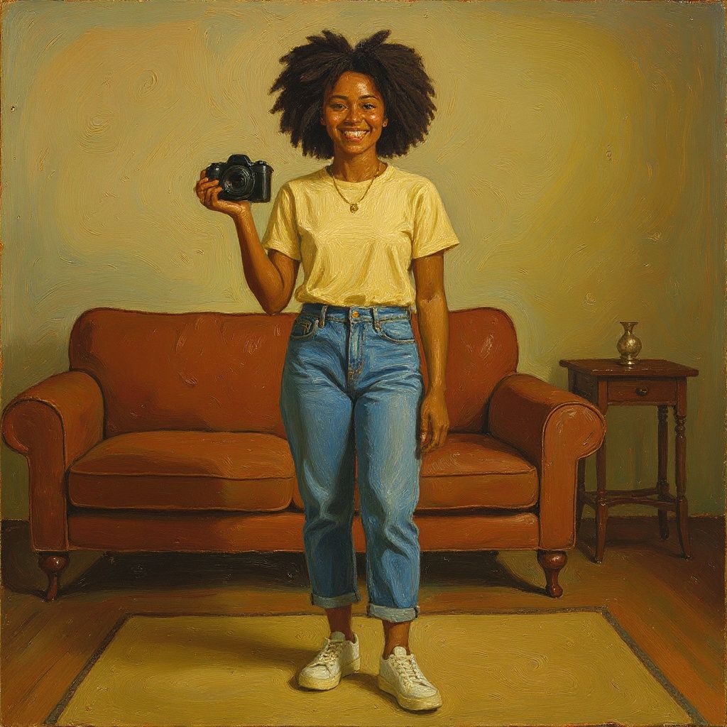 Young woman with natural curly hair, wearing a pale yellow t-shirt and high-waisted jeans, holding a camera and smiling in textured oil painting style