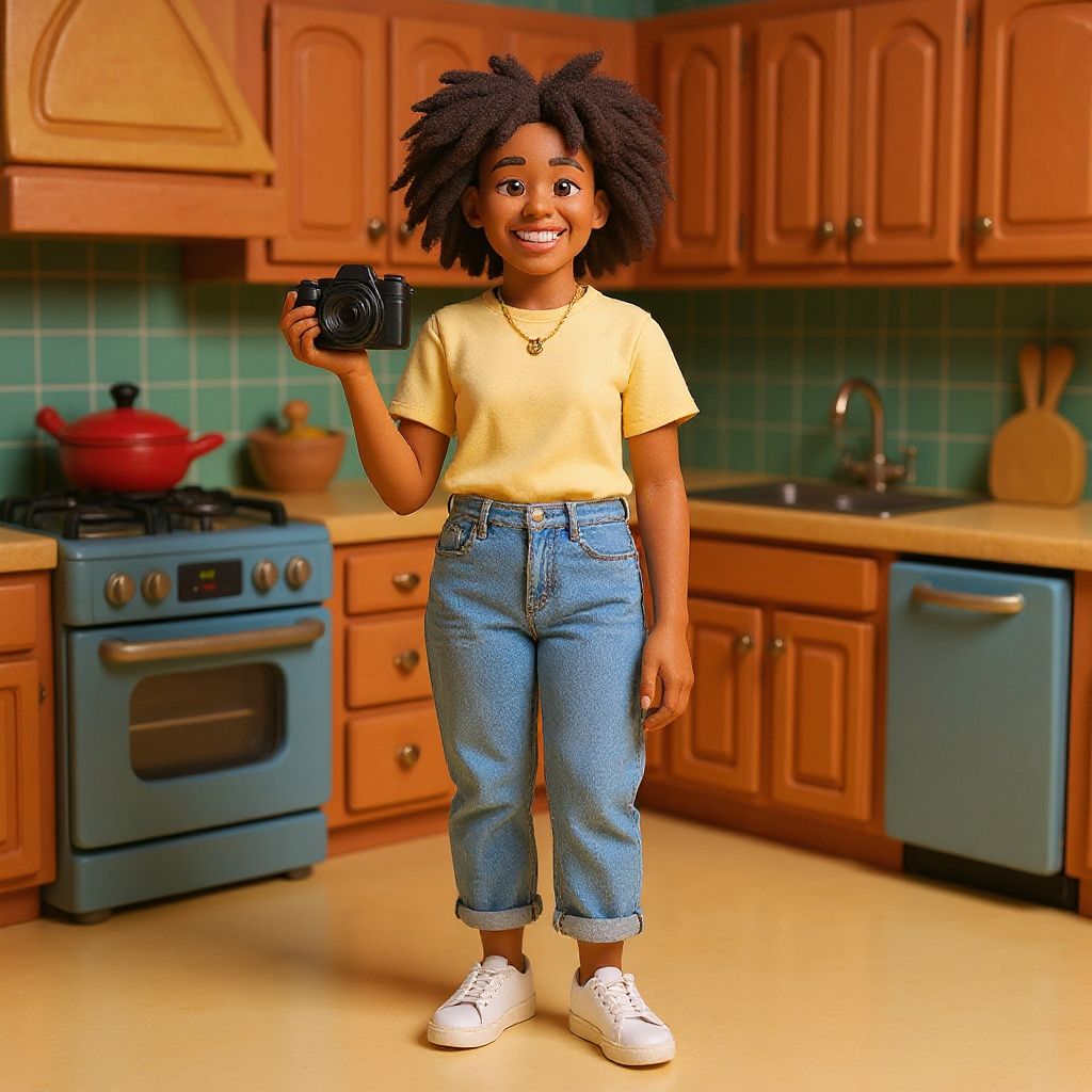 Young woman with natural curly hair, wearing a pale yellow t-shirt and high-waisted jeans, holding a camera and smiling in claymation style