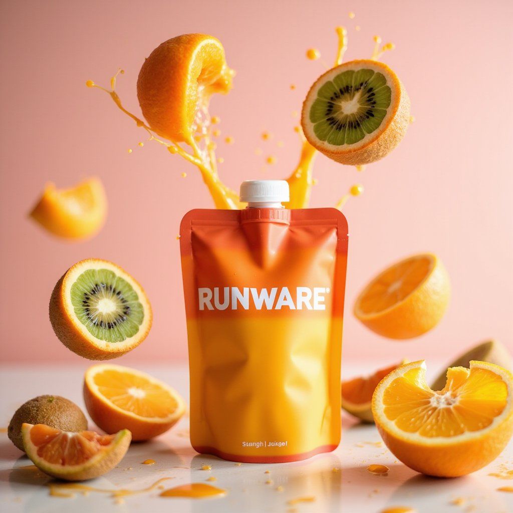 A vibrant fruit juice pouch standing upright on a glossy pastel table, surrounded by floating slices of orange, kiwi, and passionfruit, playful splashes of juice in the air