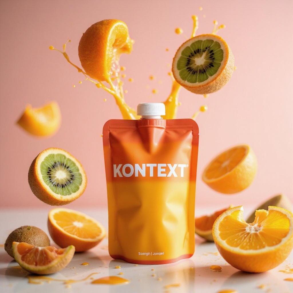 A vibrant fruit juice pouch standing upright on a glossy pastel table, surrounded by floating slices of orange, kiwi, and passionfruit, playful splashes of juice in the air