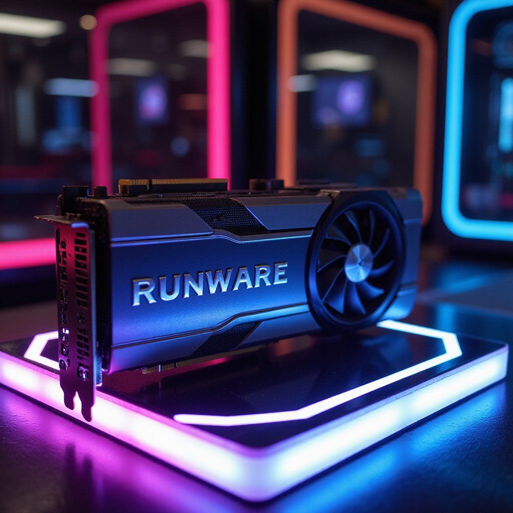 A high-end GPU graphics card placed on a lit display pedestal, surrounded by glowing RGB accents and futuristic ambient lighting