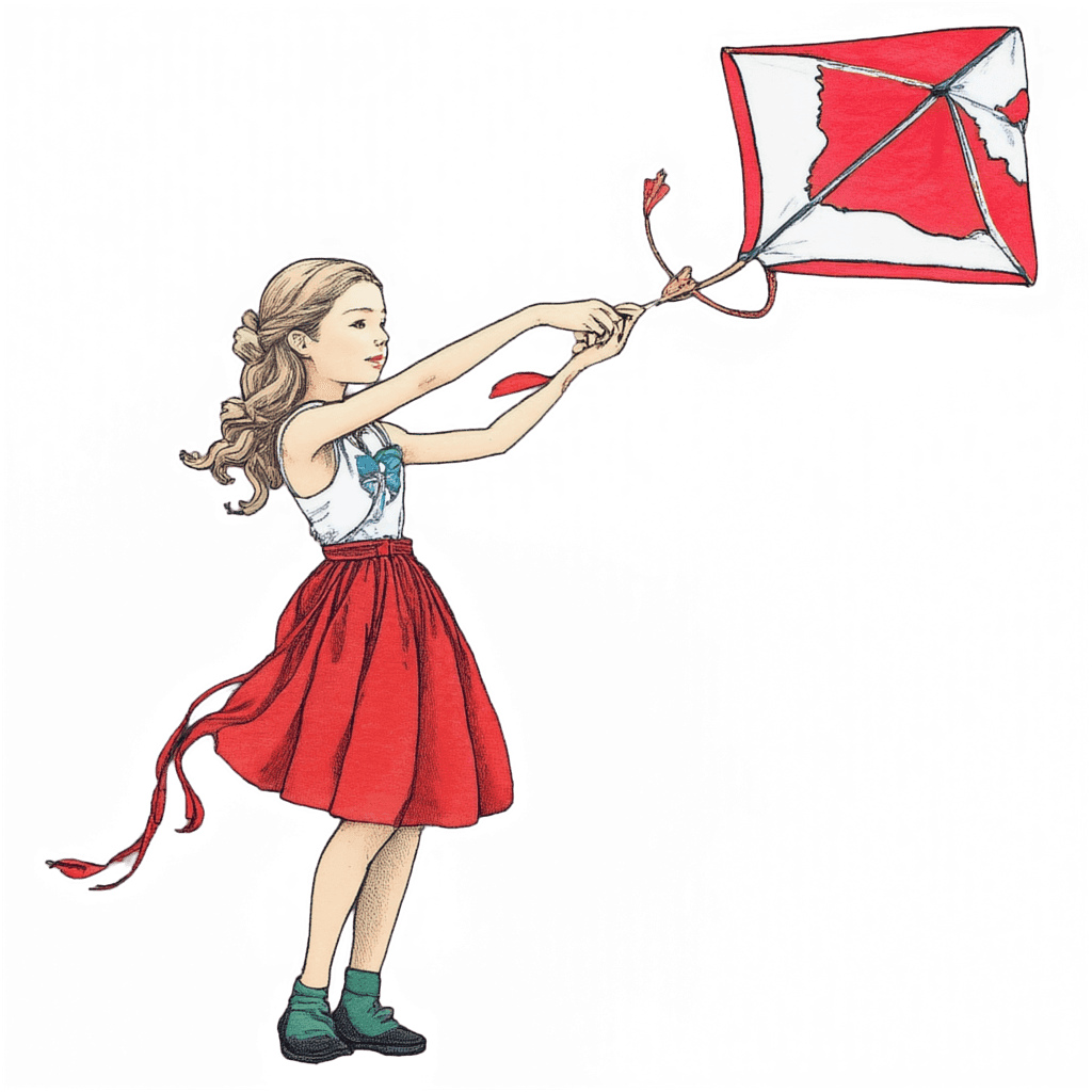 girl flying a kite, hand-drawn style